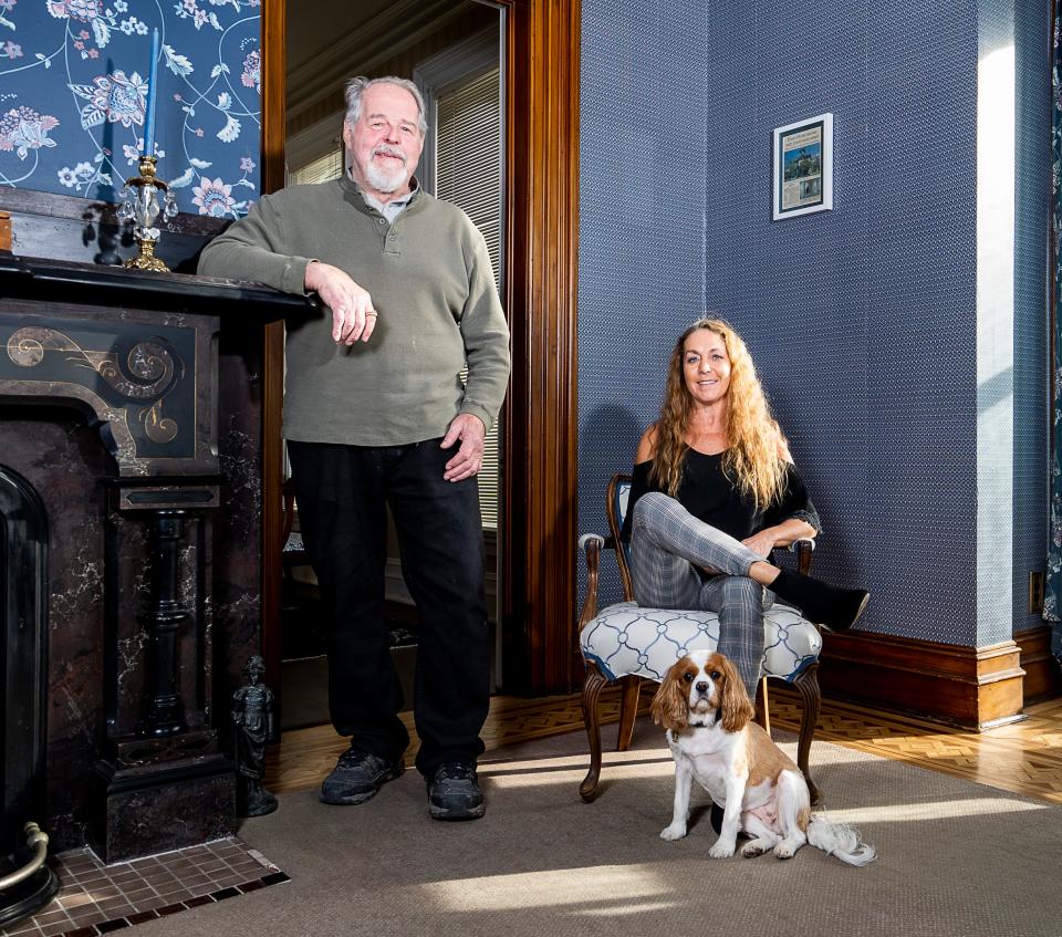 Ron Raasch, owner of Two Hands Restoration, and home owner Karen Frame at the Andrew Frame House in Waukesha on December 8, 2023.