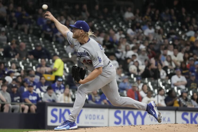 Los Angeles Dodgers starting pitcher Noah Syndergaard throws during the first inning of a baseball game against the Milwaukee Brewers Tuesday, May 9, 2023, in Milwaukee. (AP Photo/Morry Gash)