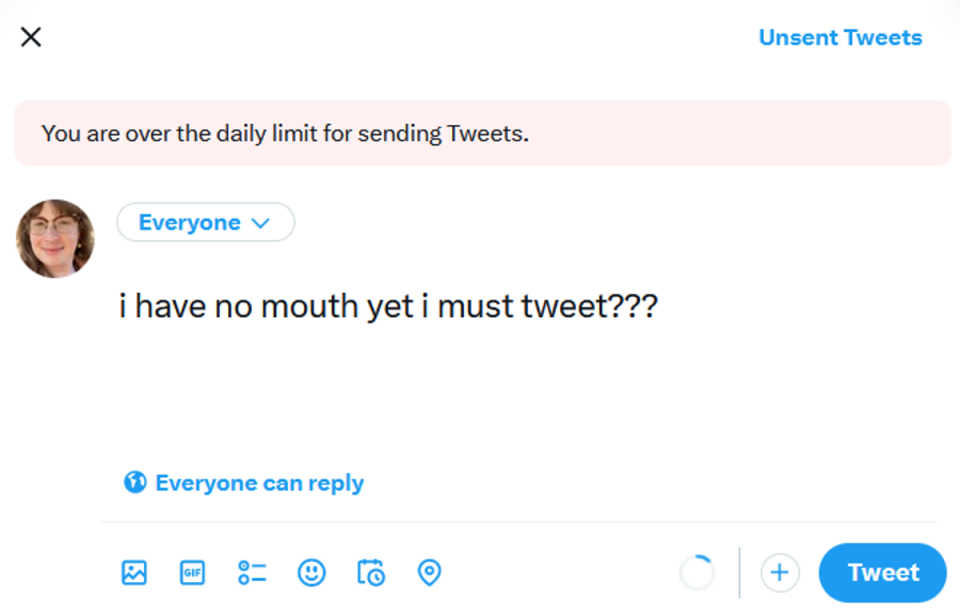 The Twitter error shown to one Independent reporter on Wednesday 8 February 2023 (Io Dodds/Twitter)