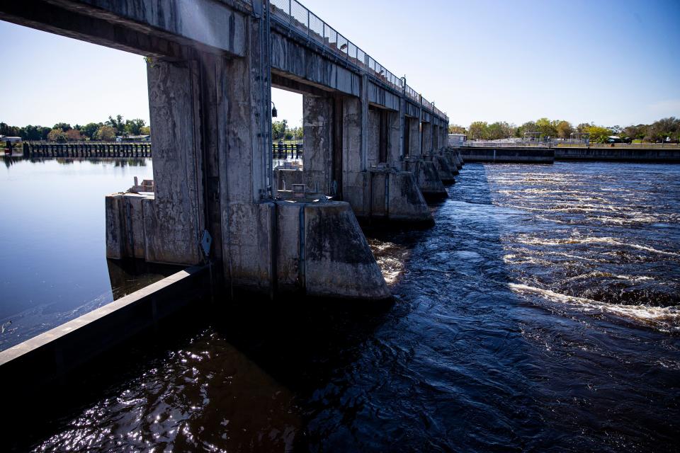 Water rushes through the Franklin Locks in Alva on the Caloosahatchee River on Monday, Feb. 26, 2024. The Army Corp of Engineers started releases on Feb. 17 due to high lake levels and continued El Nino conditions.