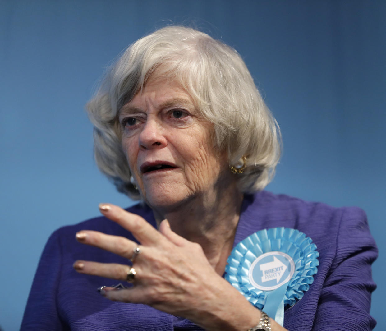 Ann Widdecombe, Brexit Party member and former member of parliament for the Conservative Party, is interviewed after Nigel Farage, Leader of Britain's Brexit Party, spoke on stage at the launch of their policies for the General Election campaign, in London, Friday, Nov. 22, 2019. Britain goes to the polls on Dec. 12. (AP Photo/Kirsty Wigglesworth)