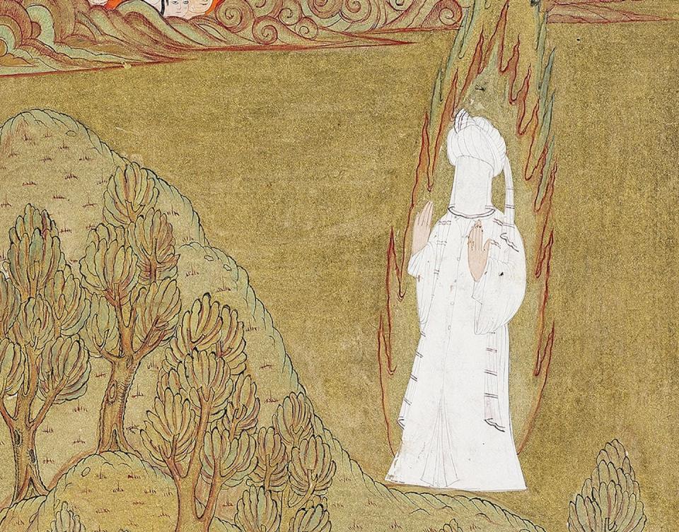 A painting showing the Prophet Muhammad raising his hands in prayer while standing on the Mountain of Light in Mecca. Siyer-i Nebi (Biography of the Prophet), Istanbul, Ottoman lands, 1595-96. Topkapı Palace Library, Istanbul, H. 1222, fol. 158v. Photograph by Hadiye Cangökçe.