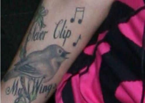 Amy's arm with the tattoo of a blackbird, similar to the one that visits her father. Source: Splash