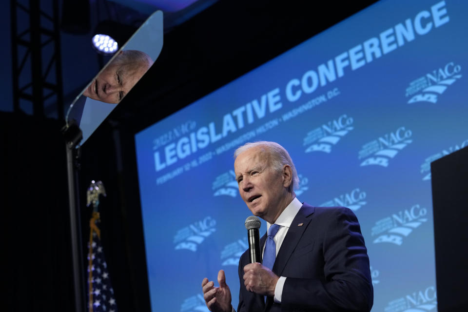 President Joe Biden speaks at the National Association of Counties 2023 Legislative Conference in Washington, Tuesday, Feb. 14, 2023. (AP Photo/Susan Walsh)