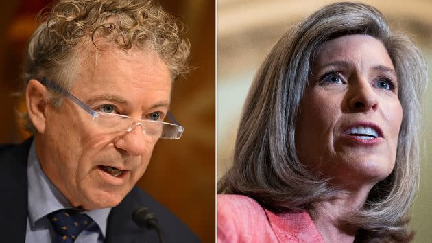 Sen. Rand Paul (left) came to Sen. Joni Ernst's rescue after she started choking during a luncheon at the U.S. Capitol on Thursday.