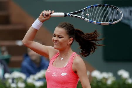 Tennis - French Open - Roland Garros - Tsvetana Pironkova of Bulgaria v Agnieszka Radwanska of Poland - Paris, France - 29/05/16. Agnieszka Radwanska reacts. REUTERS/Pascal Rossignol