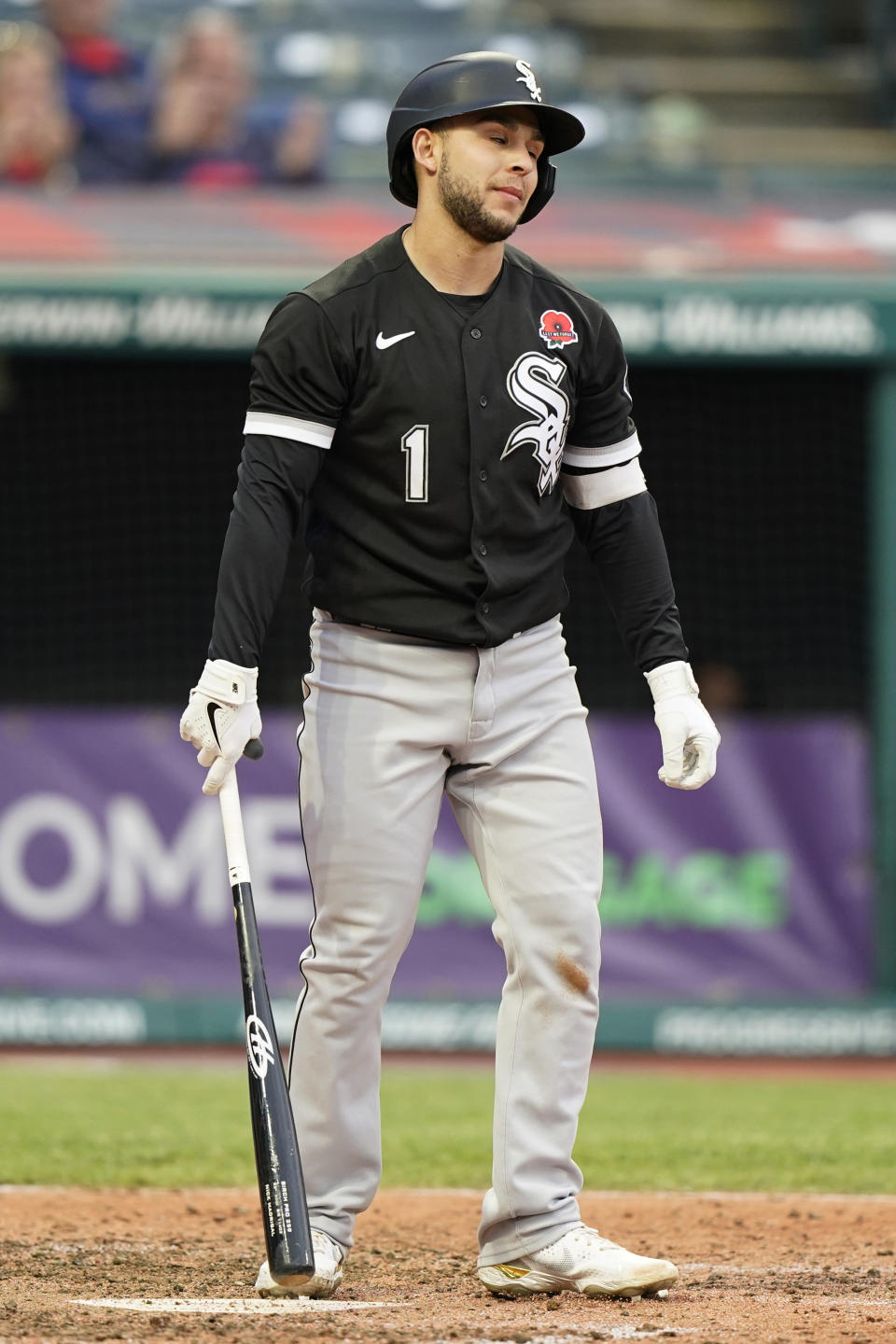 Chicago White Sox's Nick Madrigal reacts after striking out in the fifth inning of the second baseball game of a doubleheader against the Cleveland Indians, Monday, May 31, 2021, in Cleveland. The Indians won 3-1. (AP Photo/Tony Dejak)