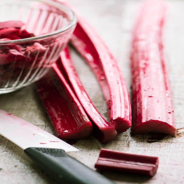 Rhubarb on a cutting board