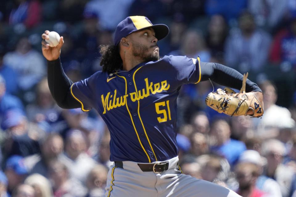 Milwaukee Brewers starting pitcher Freddy Peralta throws against the Chicago Cubs during the first inning of a baseball game in Chicago, Sunday, May 5, 2024. (AP Photo/Nam Y. Huh)
