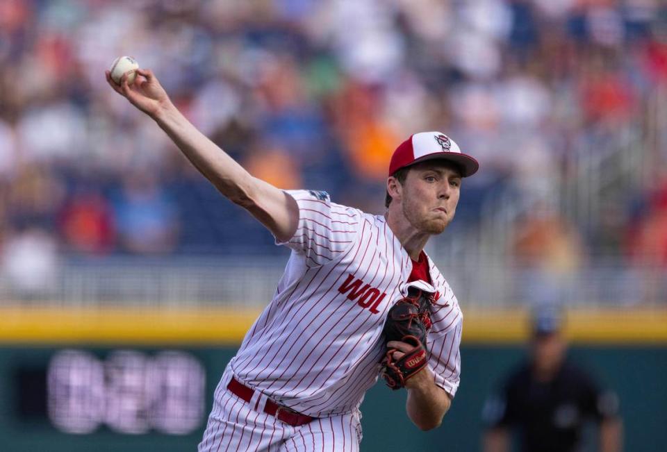 North Carolina State starting pitcher Sam Highfill throws against Vanderbilt in the first inning during a baseball game in the College World Series, Monday, June 21, 2021, at TD Ameritrade Park in Omaha, Neb. (AP Photo/Rebecca S. Gratz)