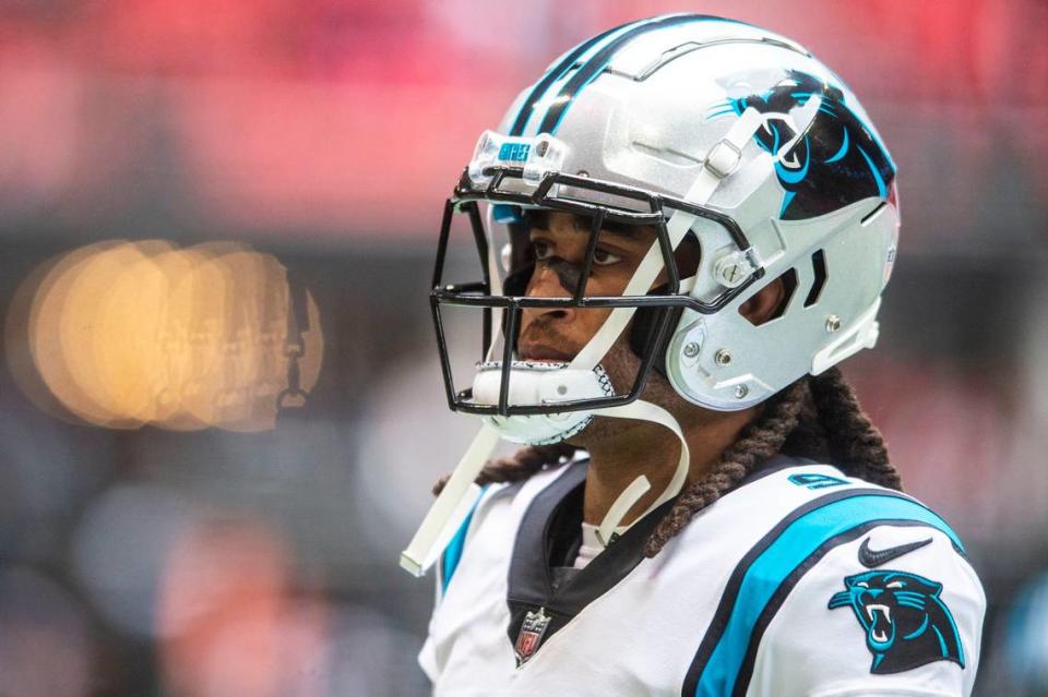 Panthers cornerback Stephon Gilmore warms up before the game against the Falcons at Mercedes-Benz Stadium on Sunday, October 31, 2021 in Atlanta, GA. This will be the first game Gilmore is active since being signed to the Panthers roster.