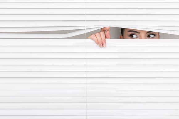 A woman peeks through a set of window blinds.