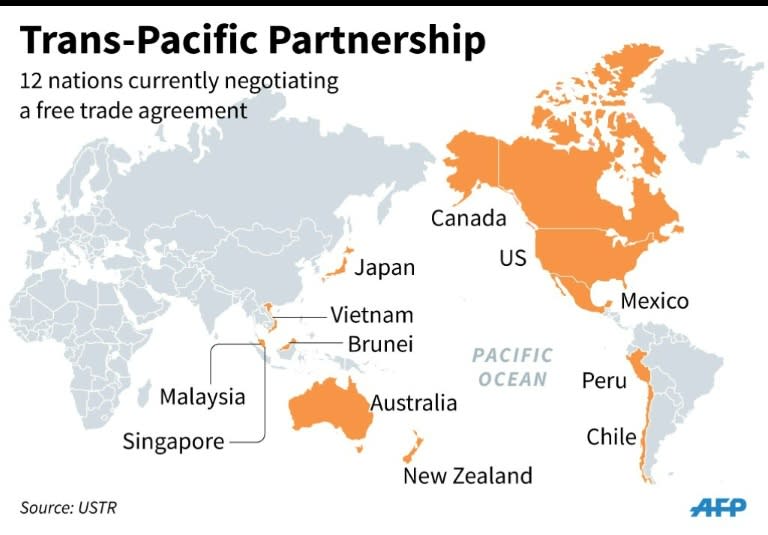 Map showing the 12 nations currently negotiating the Trans-Pacific Partnership trade agreement