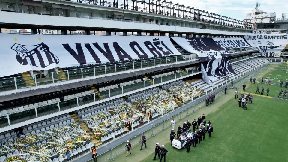 Pelé's coffin was displayed at Santos' Vila Belmiro stadium. - Wagner Meier/Getty Images South America/Getty Images