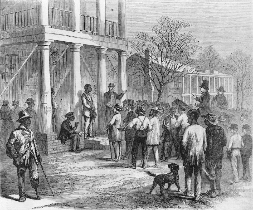 Under the Black Codes, which were restrictive laws in the post-Reconstruction South, a Black person could be sold into what was effectively a new version of slavery if they could not repay fines or debts. <a href="https://www.gettyimages.com/detail/news-photo/copy-of-an-illustration-showing-a-free-black-man-being-sold-news-photo/134341296" rel="nofollow noopener" target="_blank" data-ylk="slk:Interim Archives/Getty Images;elm:context_link;itc:0;sec:content-canvas" class="link ">Interim Archives/Getty Images</a>