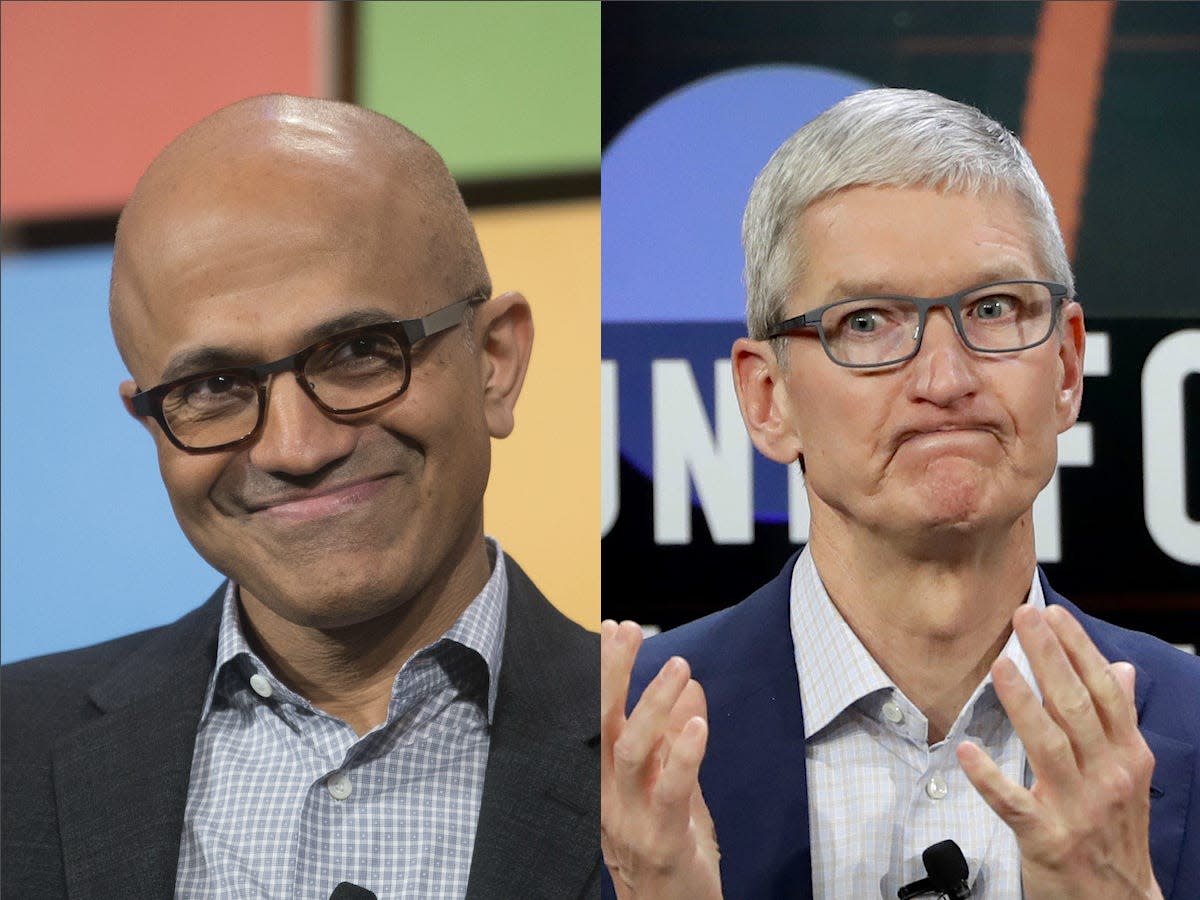 Composite image of Microsoft CEO Satya Nadella, left, and Apple CEO Tim Cook
