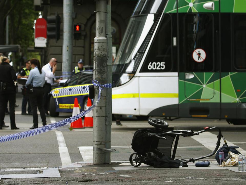 A pram is seen as police cordon off Bourke Street mall (Edgar Su/Reuters)