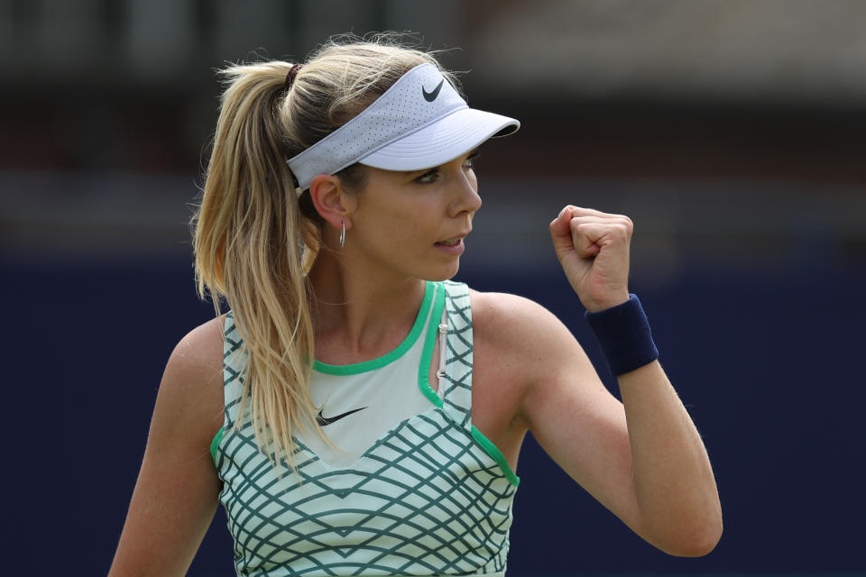 Katie Boulter of Great Britain celebrates scoring a point against Olivia Gadecki of Australia during the Lexus Surbiton Trophy at Surbiton Racket & Fitness Club on June 06, 2023 in Surbiton, England. (Photo by Christopher Lee/Getty Images for ITF)