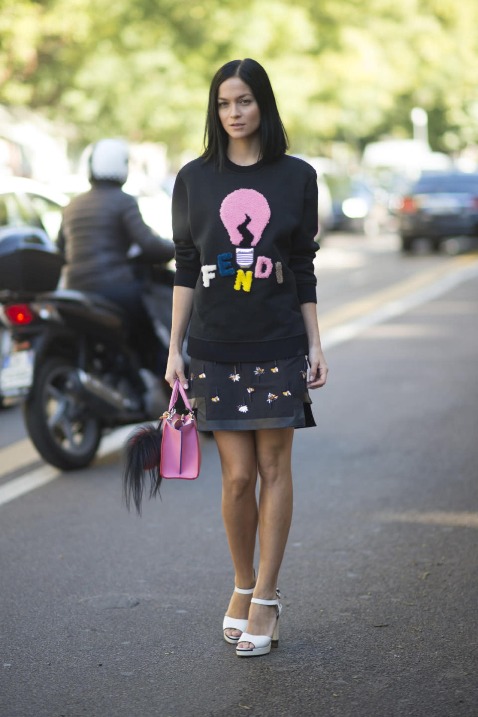 Leigh Lezark in a full Fendi look at Milan Fashion Week 2015. 