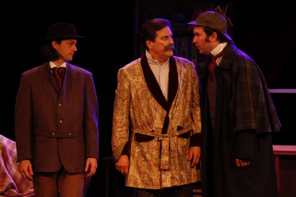 From left, Chris Houghton as Watson, Phil Scudder as Sir Arthur Conan Doyle and Matthew Kohler as Sherlock Holmes in "The Sherlock Problem," presented by the Cape Cod Theatre Company/Harwich Junior Theatre.