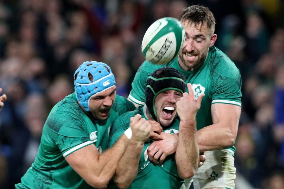 Caelen Doris (c) celebrates scoring Ireland’s third try against the All Blacks  (AFP/Getty)