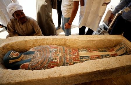 A sarcophagus that was discovered near the King Amenemhat II pyramid is displayed during a presentation, south of Cairo