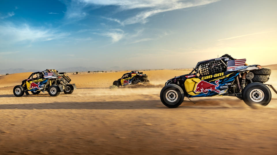 The new Red Bull Can-Am Factory Team's Can-Am Maverick X3 side-by-sides practicing for the 2023 Dakar Rally.