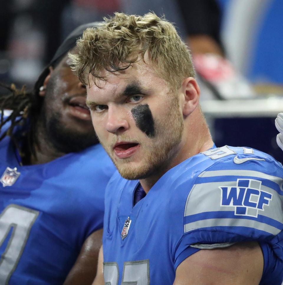 Lions defensive end Aidan Hutchinson on the bench during the second half of the Lions' 27-23 preseason loss to the Falcons on Friday, Aug. 12, 2022 at Ford Field.