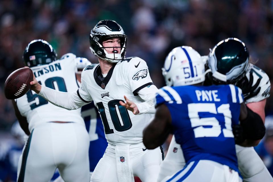 Philadelphia Eagles quarterback Tanner McKee (10) looks to pass during the first half of an NFL preseason football game against the Indianapolis Colts on Thursday, Aug. 24, 2023, in Philadelphia. (AP Photo/Matt Slocum)