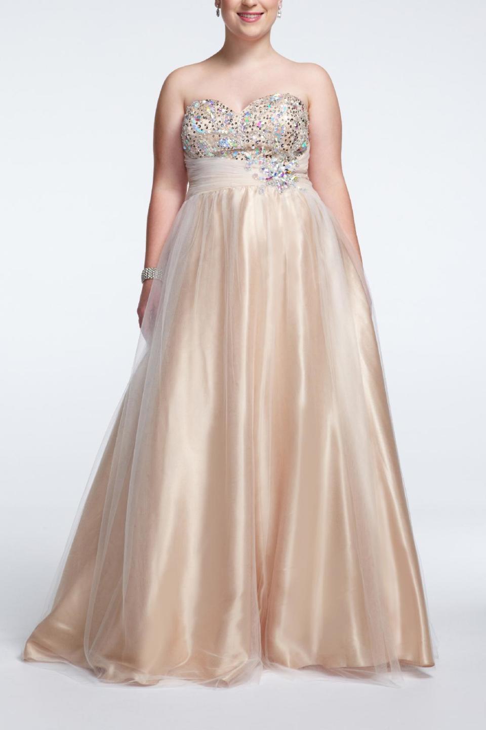 This undated image released by David's Bridal shows a popular prom gown design offered at David's Bridal. Clothes shopping for plus-size teens can be frustrating in general, but shopping for a dream prom dress can be a tear-inducing, hair-pulling morass of bad design and few options _ especially for girls who want a dress that hugs the body instead of tenting it. (AP Photo/David's Bridal)