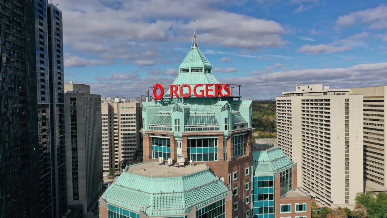 A drone shot of Rogers Communications headquarters in Toronto. The company says it will lock out unionized technicians in Metro Vancouver on Monday, after the union said it planned a full work stoppage for that day. (Patrick Morrell/CBC - image credit)