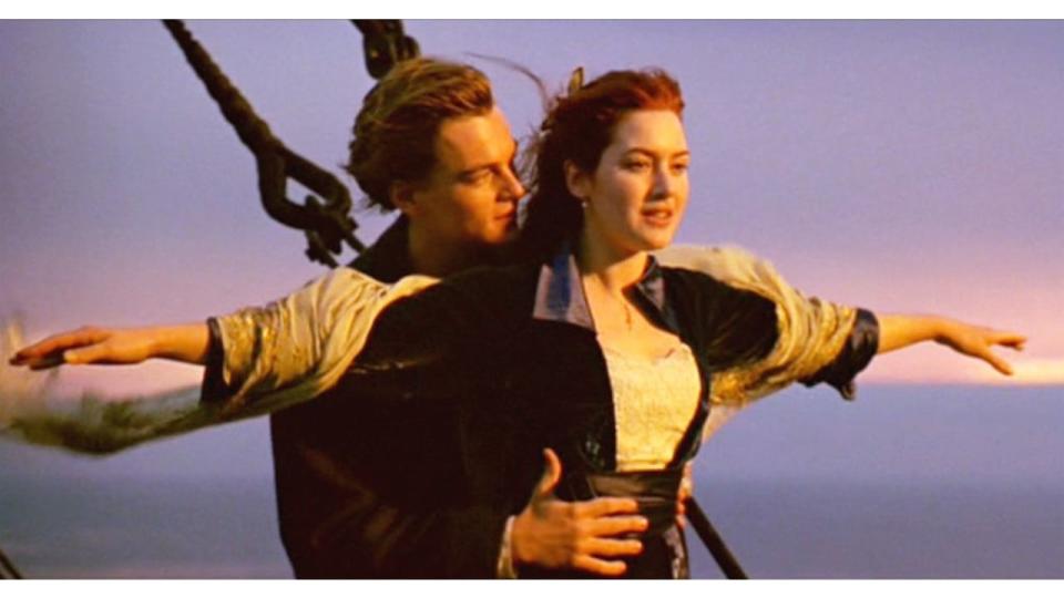 The movie "Titanic", written and directed by James Cameron. Seen here from left, Leonardo DiCaprio as Jack and Kate Winslet as Rose. Initial USA theatrical wide release December 19, 1997. Screen capture. Paramount Pictures