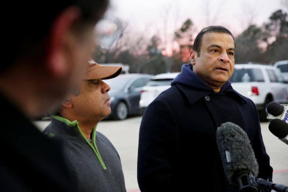 <div class="inline-image__caption"><p>Members of an Islamic center talk to the media about the siege in Colleyville, Texas.</p></div> <div class="inline-image__credit">Shelby Tauber/Getty</div>
