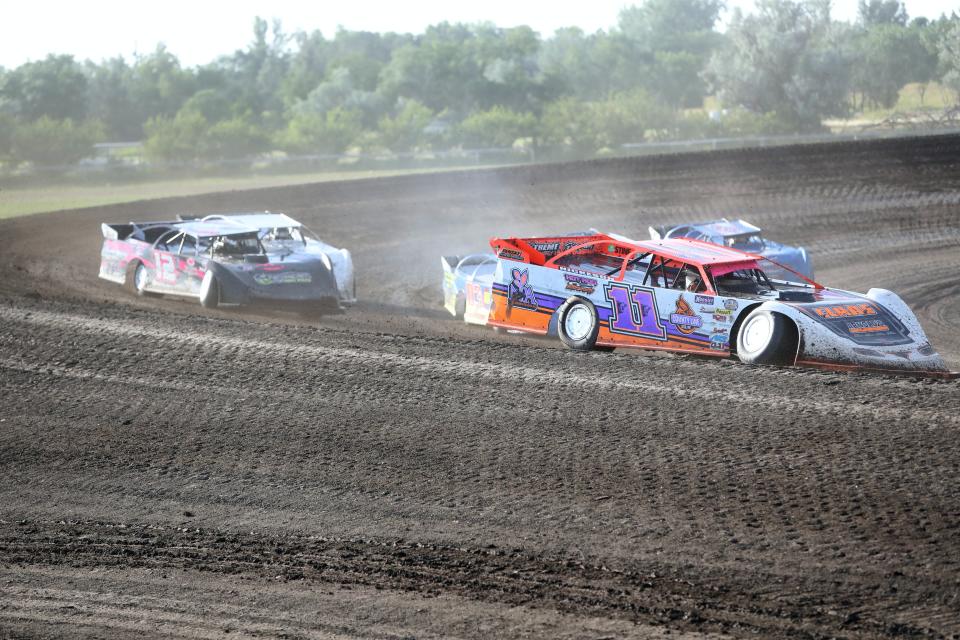 Denver Nickeson (11) of Veblen leads the pack during a heat race at the Dacotah Insurance Rumble Friday at the Brown County Speedway.