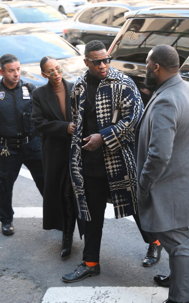 Jonathan Majors is seen arriving at New York Criminal Court, where he was sentenced Monday in the domestic violence case. Elder Ordonez / SplashNews.com