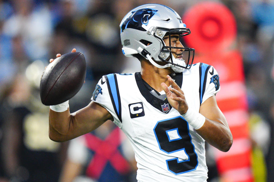 Carolina Panthers quarterback Bryce Young passes against the New Orleans Saints during the first half of an NFL football game Monday, Sept. 18, 2023, in Charlotte, N.C. (AP Photo/Jacob Kupferman)