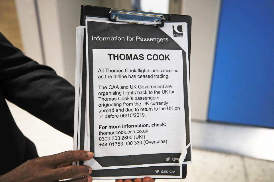 File photo dated 23/09/19 of an information notice put up at Manchester Airport as the 178-year-old tour operator Thomas Cook ceased trading. Thomas Cook's auditors are to be investigated over their role in signing off the last set of accounts for the travel firm prior to its collapse, the accounting regulator has announced.
