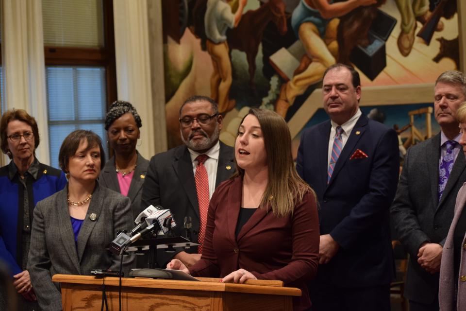 House Minority Leader Crystal Quade, R-Springfield, speaks at a news conference on the recent drop in the state's Medicaid enrollment on Monday, Feb. 17, 2020.