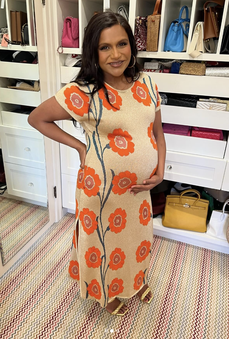 Mindy Kaling stands in a closet wearing a dress with a large floral pattern, smiling and holding her pregnant belly. Shelves with bags and purses are in the background