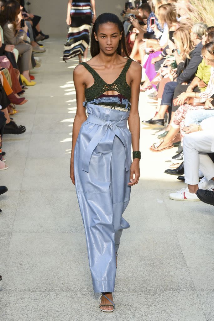 Strappy sandals and paperbag leather pants at Ferragamo spring ’20. - Credit: Shutterstock