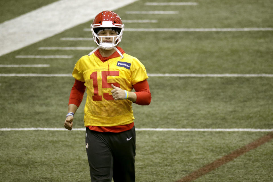 Kansas City Chiefs quarterback Patrick Mahomes participates in a drill at NFL football practice Thursday, Jan. 23, 2020 at in Kansas City, Mo. The Chiefs will face the San Francisco 49ers in Super Bowl 54. (AP Photo/Charlie Riedel)