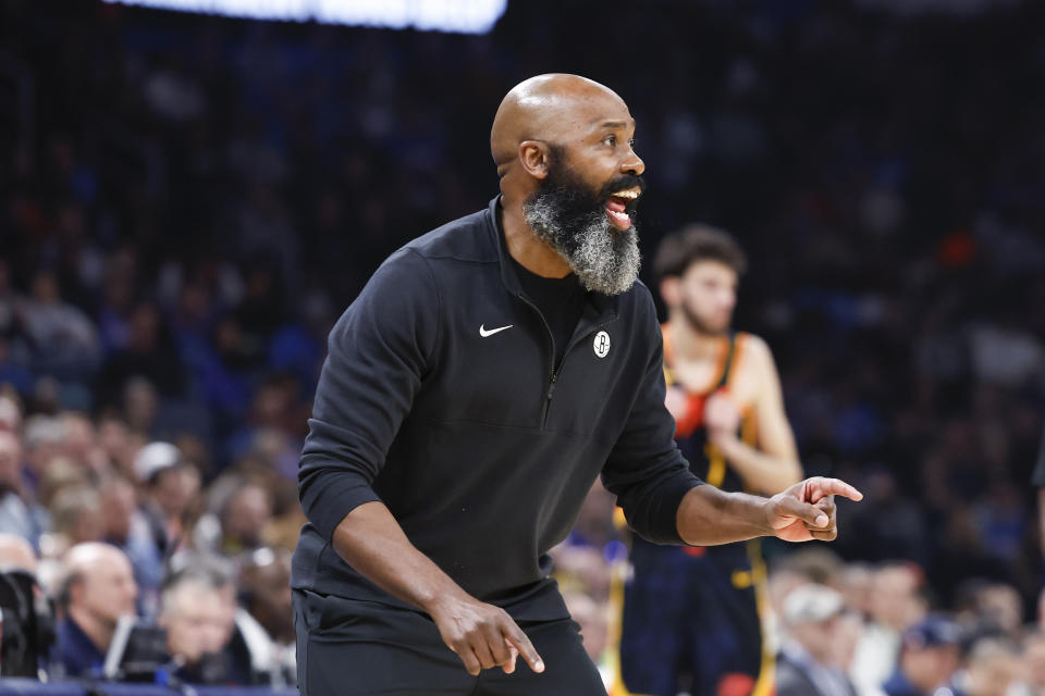 Dec 31, 2023; Oklahoma City, Oklahoma, USA; Brooklyn Nets head coach Jacque Vaughn shouts to his team during a play against the Oklahoma City Thunder in the second quarter at Paycom Center. Mandatory Credit: Alonzo Adams-USA TODAY Sports