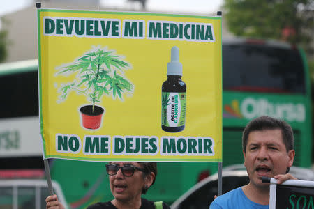 People participate in a protest in favour of the legalization of medical marijuana outside the Interior Ministry in Lima, Peru March 1, 2017. The sign reads: "Give me back my medicine, do not let me die". Picture taken March 1, 2017. REUTERS/Guadalupe Pardo