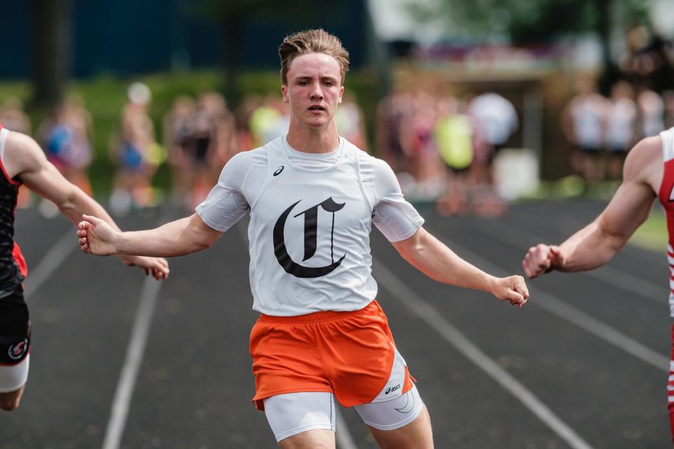 Claymont's Alec Terakedis competes in the boys 100 meter dash during the Division II East District Track and Field Meet Saturday at West Holmes High School.