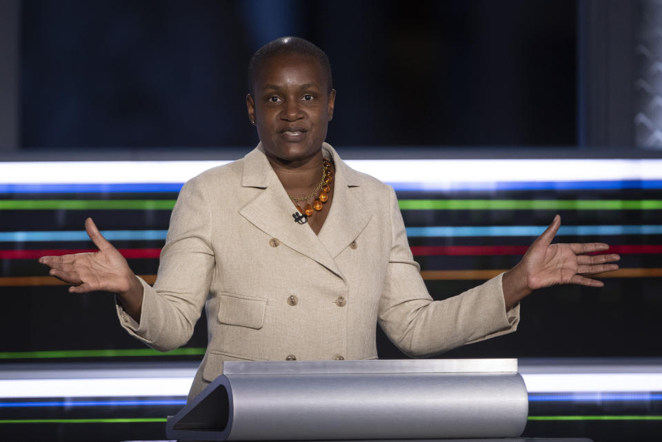 Green leader Annamie Paul gestures as she speaks during the federal election French-language leaders debate, Wednesday, Sept. 8, 2021, in Gatineau, Quebec. (Justin Tang/The Canadian Press via AP)