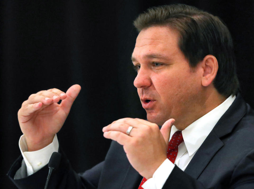 Florida Governor Ron DeSantis answers a question during an August 2020 roundtable meeting with transportation industry leaders in Orlando, Florida. 