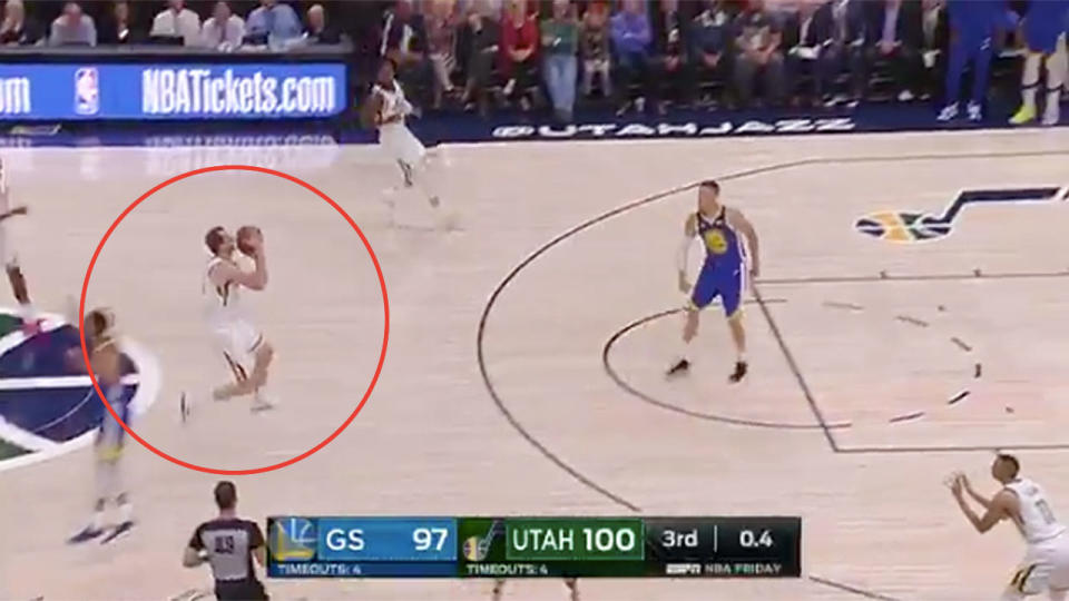 Joe Ingles’ incredible buzzer beater against the Golden State Warriors in the NBA. Pic: Getty