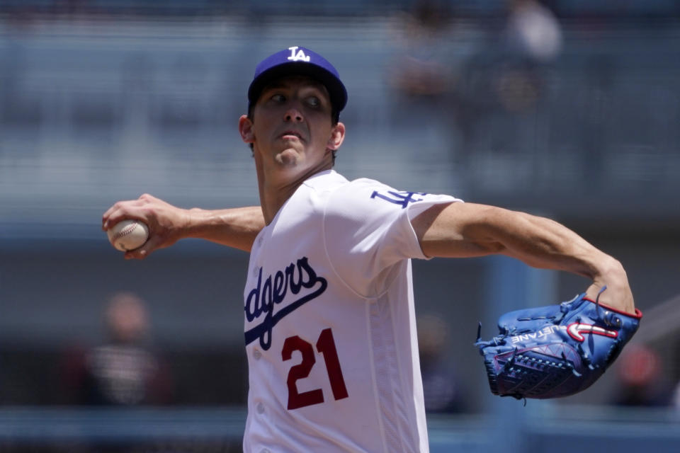 Los Angeles Dodgers starting pitcher Walker Buehler throws to the plate during the first inning of a baseball game against the Arizona Diamondbacks Wednesday, May 18, 2022, in Los Angeles. (AP Photo/Mark J. Terrill)