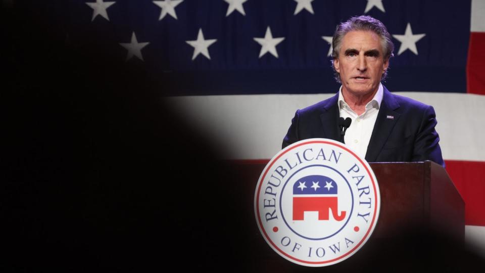 PHOTO: North Dakota Governor Doug Burgum speaks to guests at the Republican Party of Iowa 2023 Lincoln Dinner on July 28, 2023 in Des Moines. (Scott Olson/Getty Images, FILE)