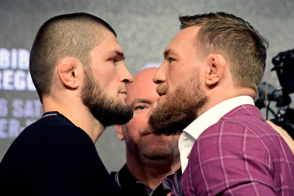 Lightweight champion Khabib Nurmagomedov faces off with Conor McGregor during the UFC 229 news conference at Radio City Music Hall on Sept. 20, 2018, in New York. (Getty Images)